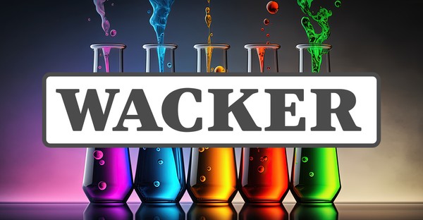 Reagenzgläser mit bunten Flüssigkeiten, darüber das Wort "WACKER".