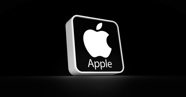 3D-Logo von Apple auf schwarzem Hintergrund, weißer Apfel mit Schriftzug "Apple".
