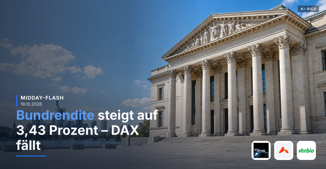 Teaserbild von Midday-Flash: Bundrendite steigt auf 3,43 % – DAX fällt