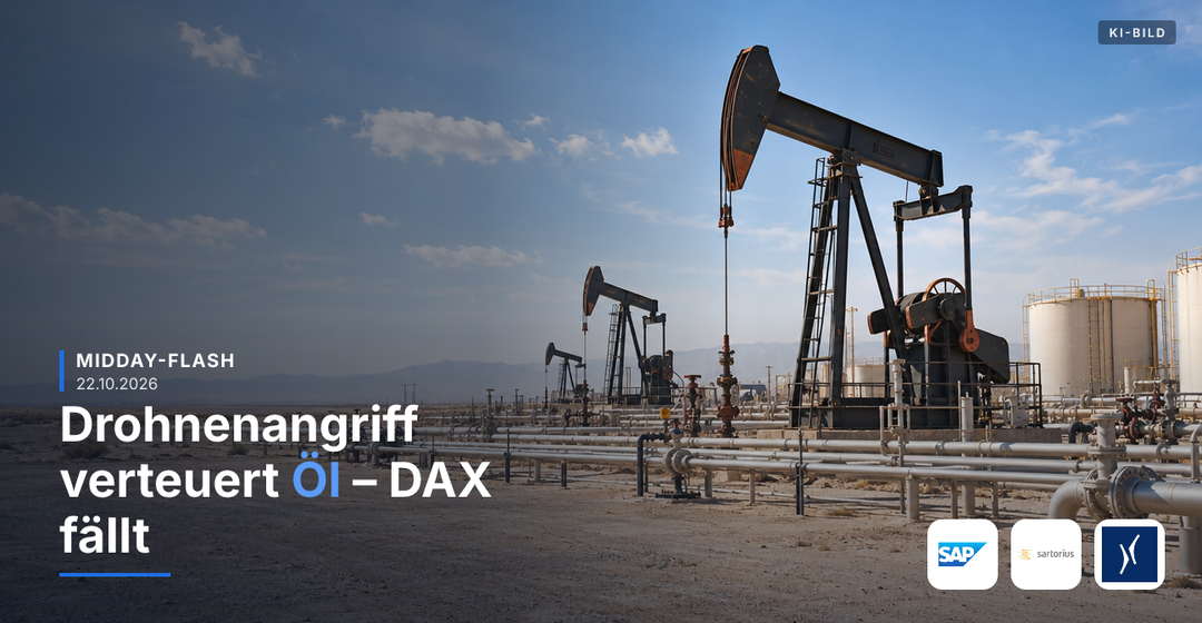 Teaserbild von Midday-Flash: Drohnenangriff verteuert Öl – DAX fällt